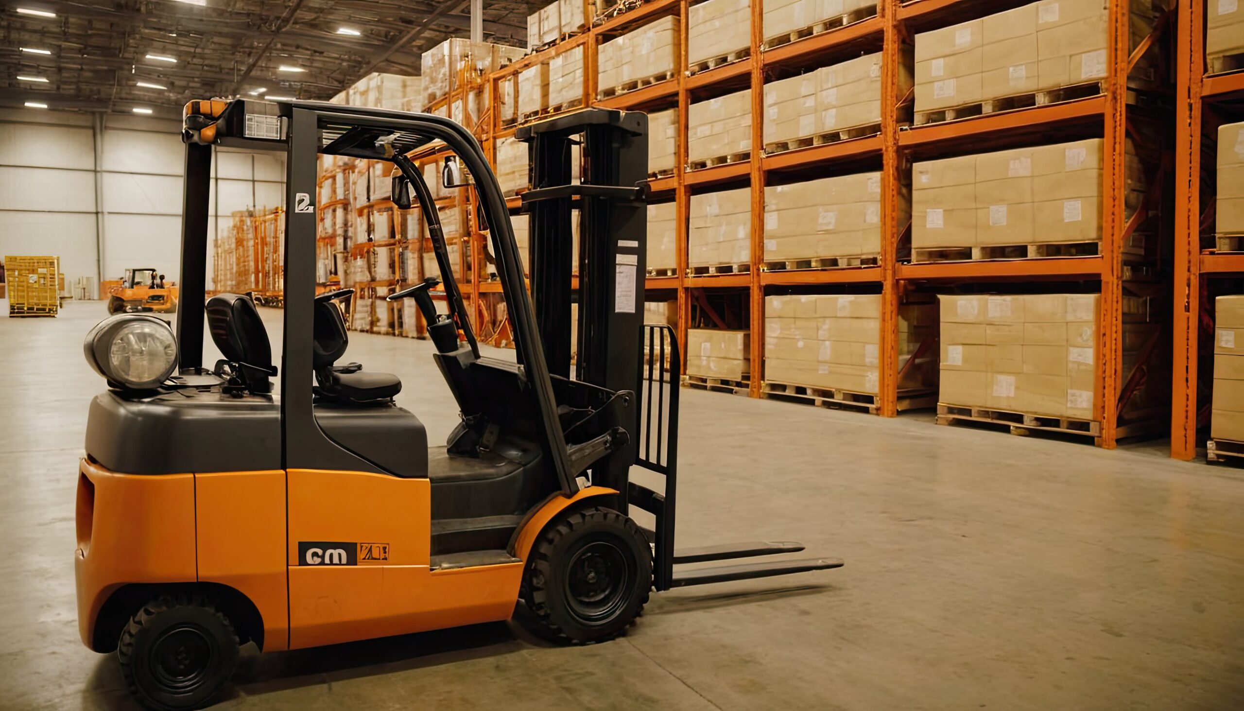 Empilhadeira industrial utilizada para transporte e organização de pallets em sistema de armazenagem.