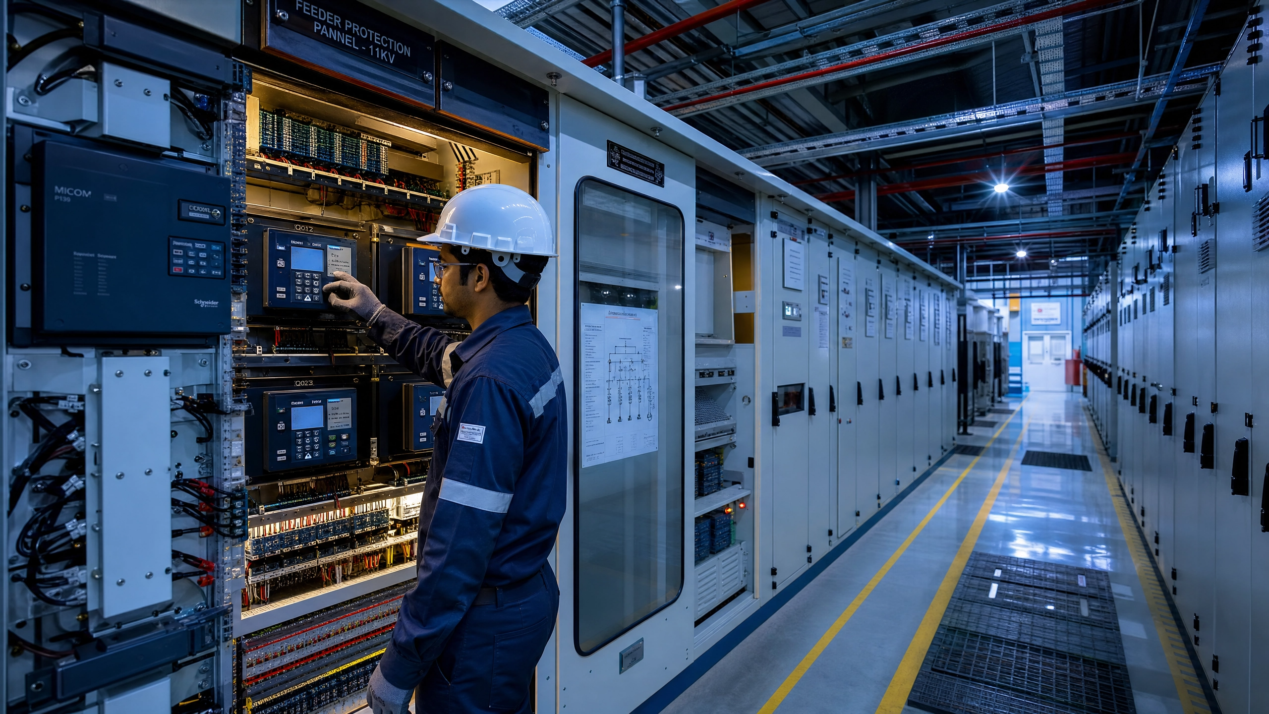 A verificação dos cubículos de média tensão e dos relés de proteção assegura o correto funcionamento dos sistemas de comando, controle e proteção elétrica. Além disso, a análise periódica dos componentes eletrônicos contribui para a continuidade operacional e para a segurança da instalação.