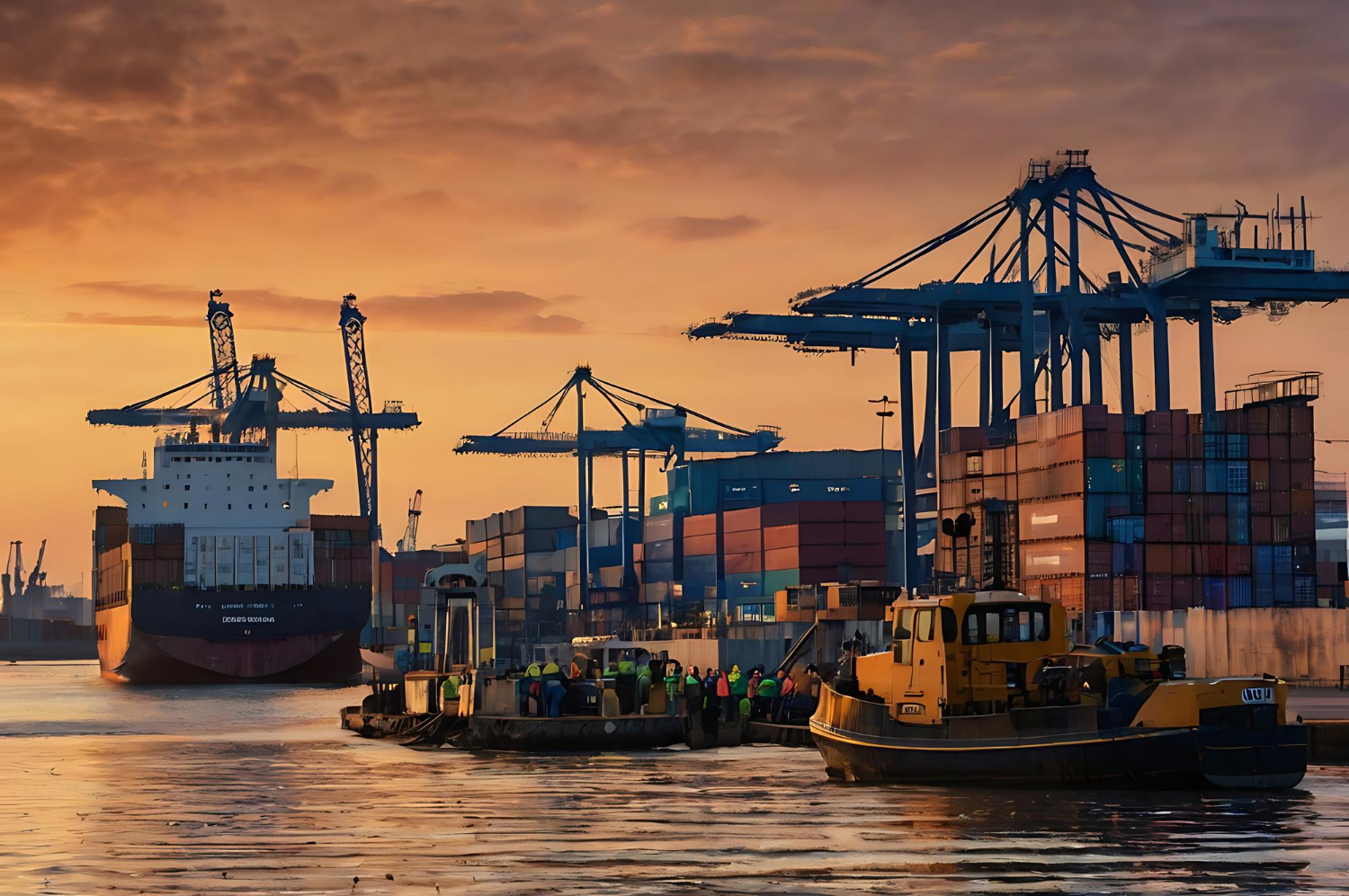Porto em operação plena com múltiplos navios. Cadeia logística integrada atua em alta eficiência na movimentação contínua de contêineres. - Treinamento Simulado de Emergência de Operações Portuárias.