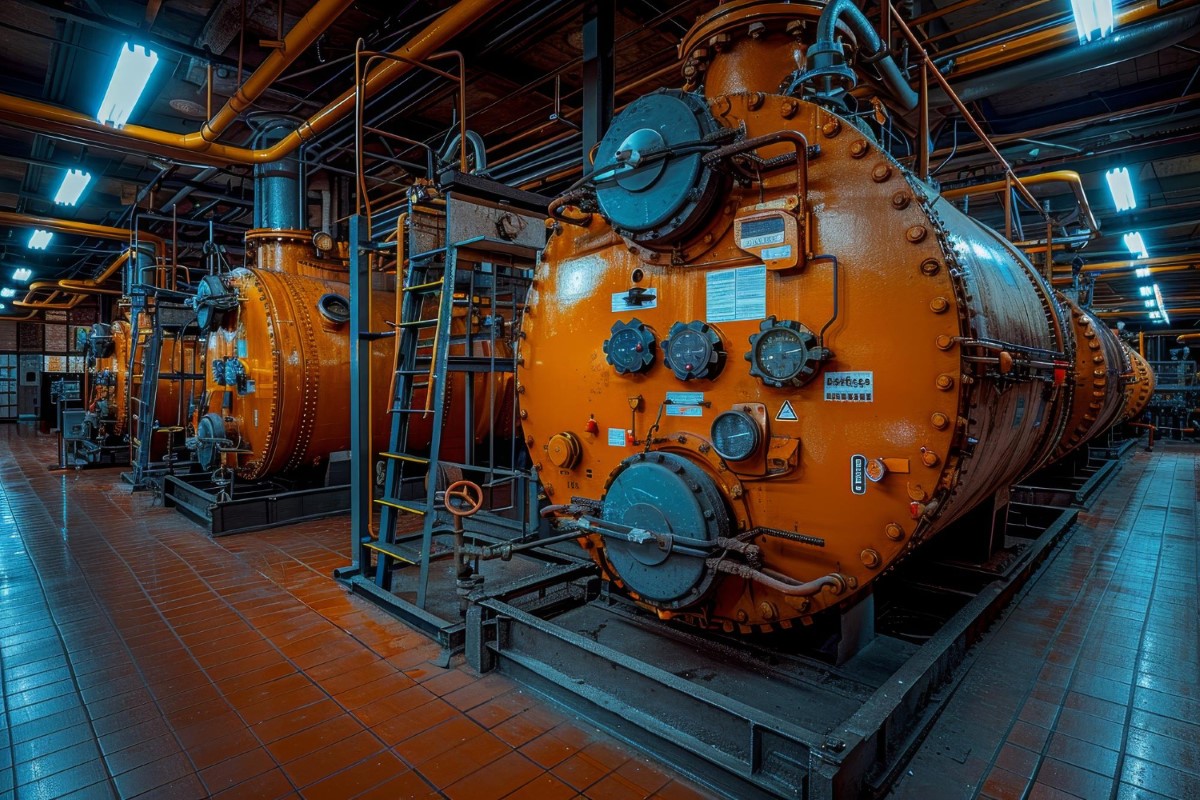 Industrial boiler system operating under controlled pressure and temperature conditions, illustrating the importance of thermodynamic principles and pressure management in compliance with NR 13 requirements.