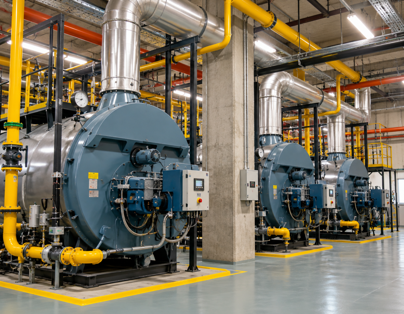 Instalação industrial de caldeiras com sistemas de controle, tubulações e dispositivos de segurança, submetida à inspeção técnica para avaliação das condições operacionais e de integridade.