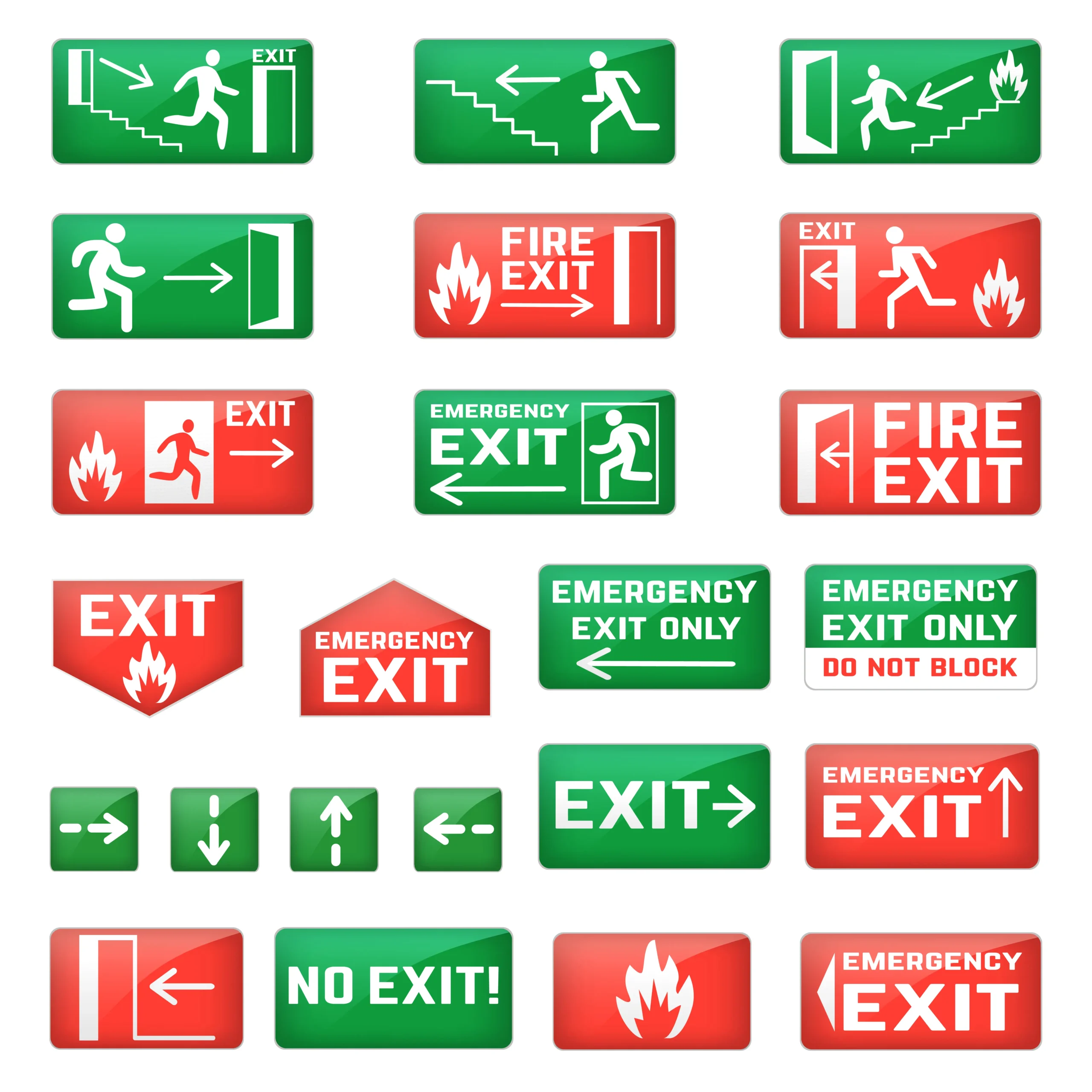 Exemplos de sinalizações de emergência: placas de saída, rotas de fuga, extintores e orientações de evacuação. A conformidade com a NBR 16820 exige padronização das cores, formas, contrastes e simbologias.