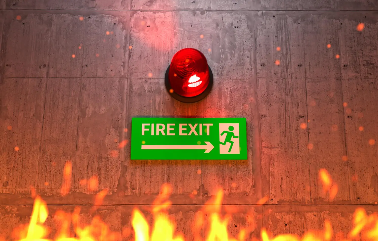 Placa “Fire Exit” associada a alerta luminoso em ambiente com risco iminente. A combinação de sinalização passiva (placa) com sistema ativo (luz e alarme) reforça a evacuação segura, como orienta a NBR 16820.