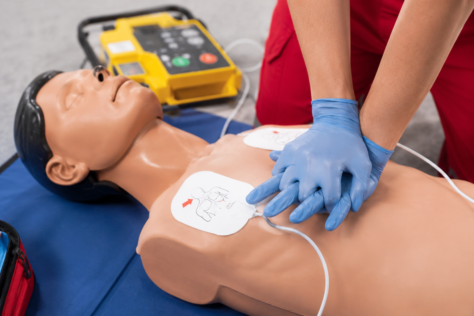 Durante o Treinamento de Primeiros Socorros e DEA, os participantes praticam a Ressuscitação Cardiopulmonar (RCP) e a utilização correta do Desfibrilador Externo Automático (DEA), seguindo os protocolos atualizados da American Heart Association (AHA) para oferecer um atendimento rápido, seguro e eficaz nos primeiros minutos de uma parada cardiorrespiratória.