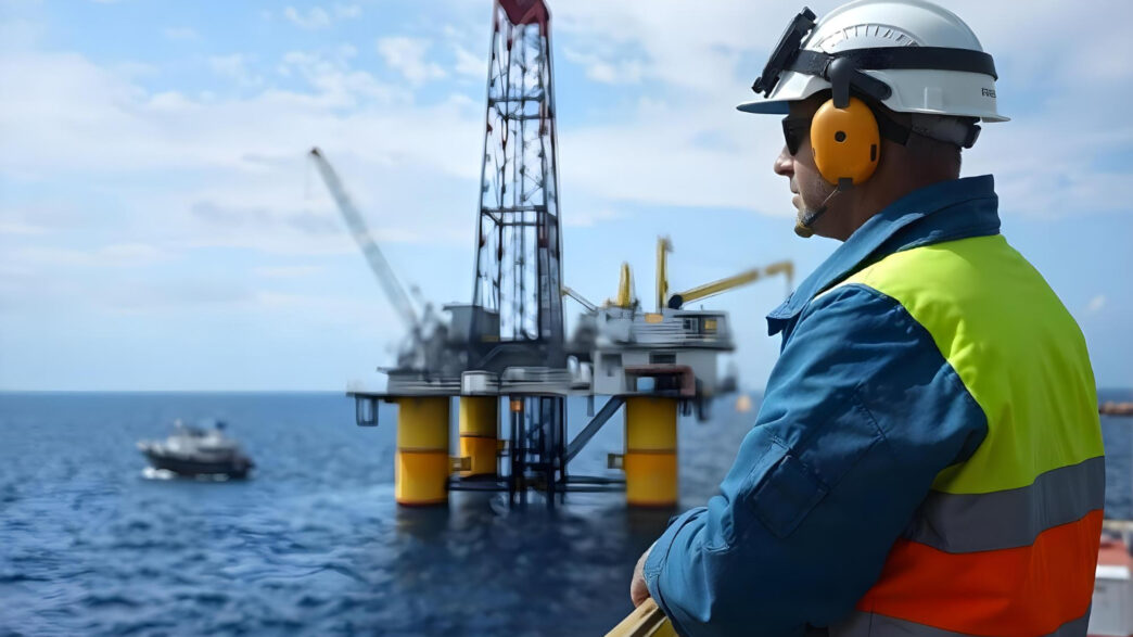 Profissional supervisiona operações em plataforma semi-submersível, com foco em segurança, comunicação e conformidade de procedimentos críticos.