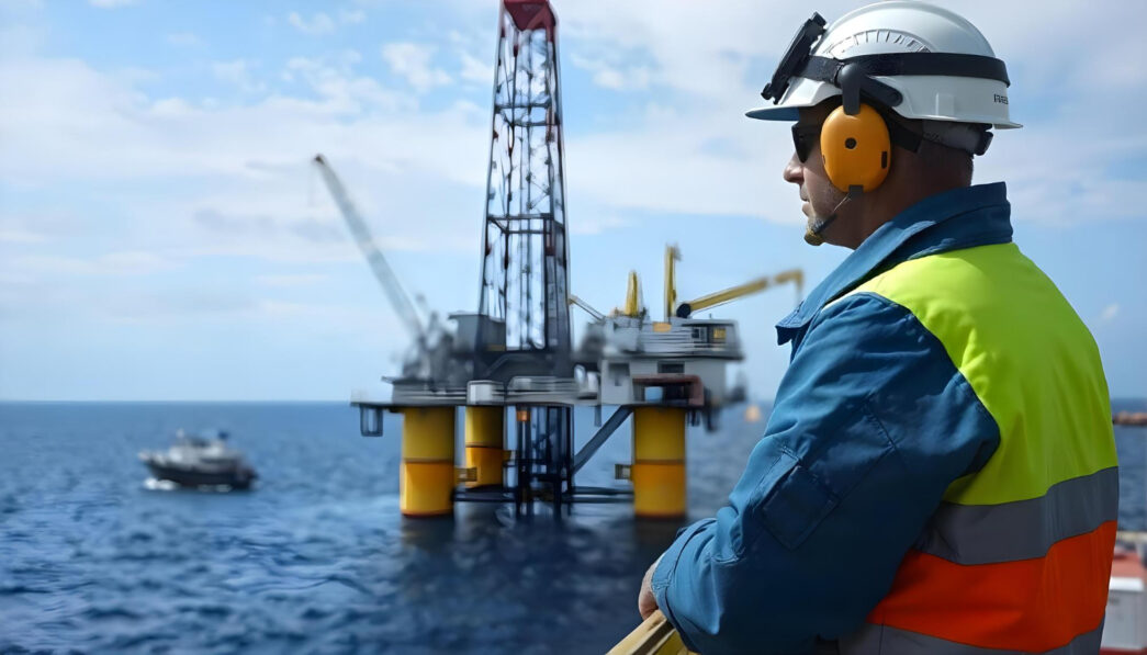 Profissional supervisiona operações em plataforma semi-submersível, com foco em segurança, comunicação e conformidade de procedimentos críticos.