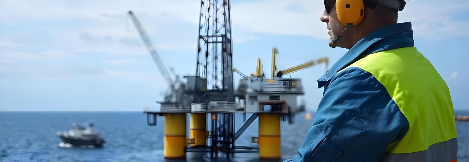 Profissional supervisiona operações em plataforma semi-submersível, com foco em segurança, comunicação e conformidade de procedimentos críticos.