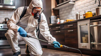 Aplicação técnica de desinsetização em ambiente interno, com uso de EPI e pulverizador profissional.
