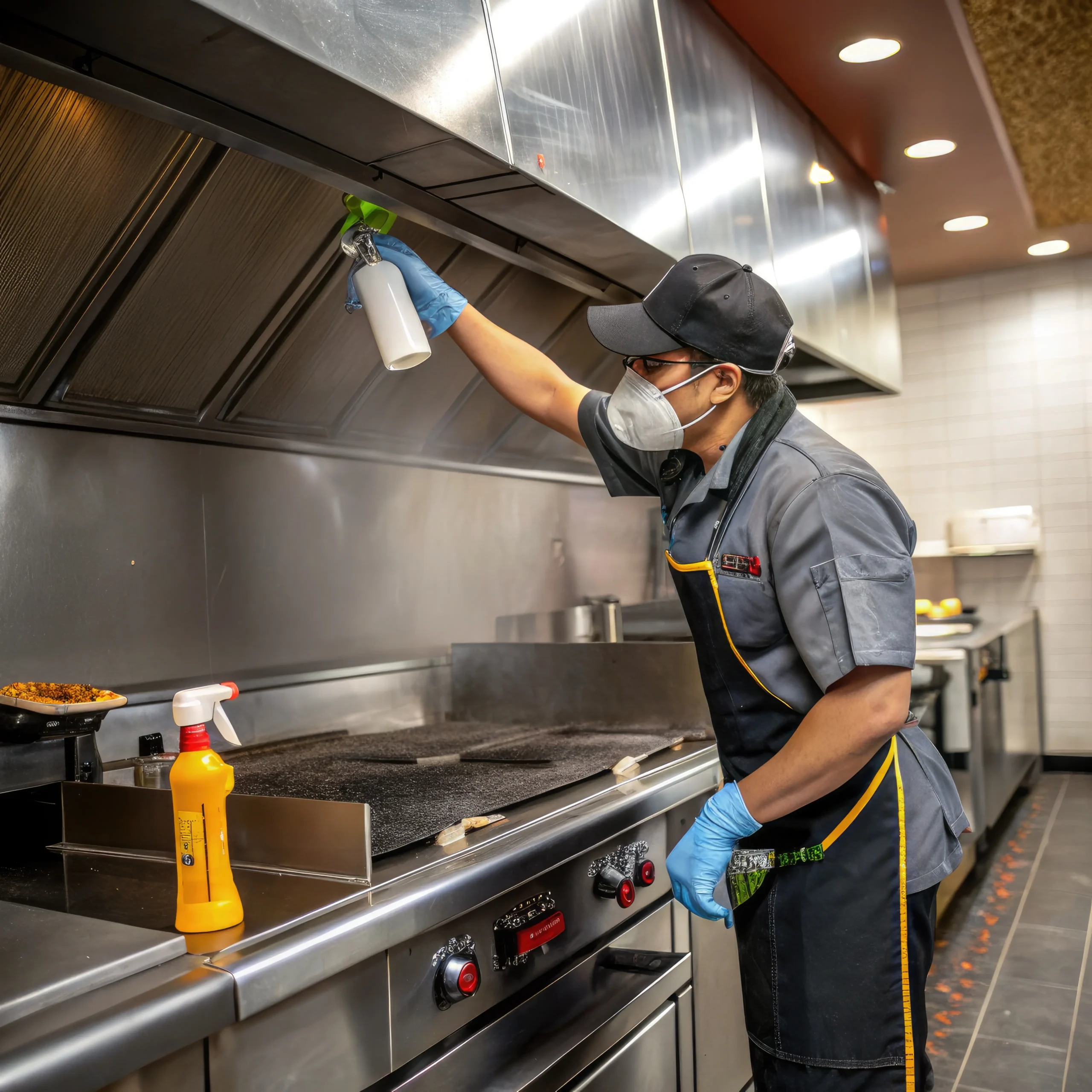 Curso Limpeza Coifas Dutos : Profissional especializado aplica produto desengordurante neutro em coifa de cozinha industrial, observando normas de segurança da NR 12 e da NR 23. Assim a operação garante eficiência térmica e prevenção contra incêndios.
