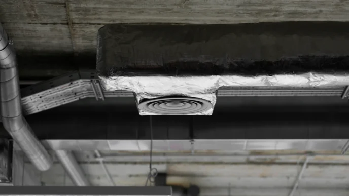 Revestimento térmico e isolamento acústico do duto de ventilação conforme NBR 14518. A integridade do sistema depende da estanqueidade e do controle de condensação interna.