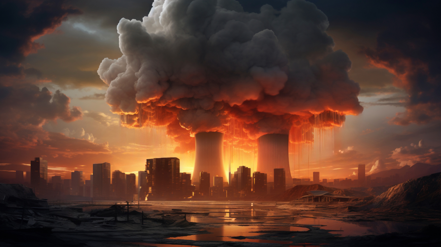 Torres de resfriamento dominam o horizonte em uma explosão colossal, envolvendo a cidade ao fundo em nuvens de fogo e fumaça, simbolizando destruição e poder incontrolável. - Curso Atmosfera Explosiva de Gás IEC 60079-10-1