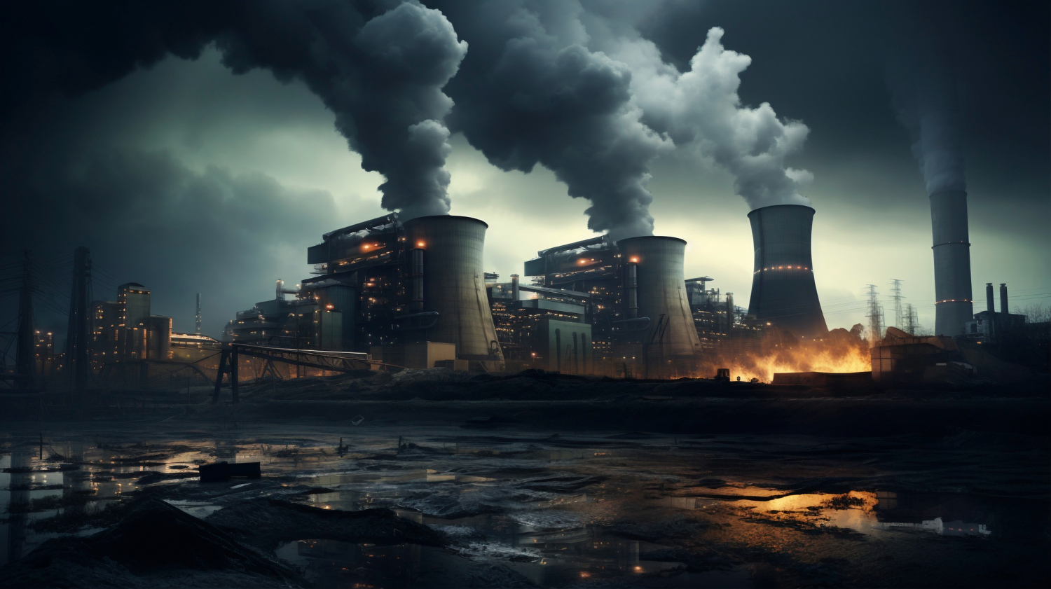 Uma usina industrial envolta em colunas de fumaça densa, onde o brilho alaranjado e as chamas no solo sugerem uma atmosfera explosiva prestes a se descontrolar. - Curso Atmosfera Explosiva de Gás IEC 60079-10-1.