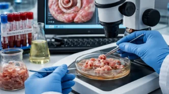 Análise laboratorial de Trichinella por método de digestão artificial, com preparo de amostra muscular e avaliação microscópica para detecção de larvas viáveis, garantindo segurança sanitária e rastreabilidade do resultado.