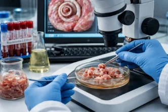 Análise laboratorial de Trichinella por método de digestão artificial, com preparo de amostra muscular e avaliação microscópica para detecção de larvas viáveis, garantindo segurança sanitária e rastreabilidade do resultado.