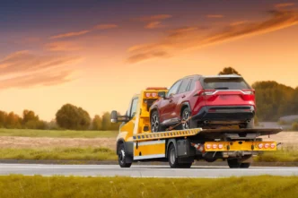 O guincho realiza o transporte seguro do veículo ao entardecer, simbolizando o equilíbrio entre técnica, atenção e responsabilidade contínua do operador.