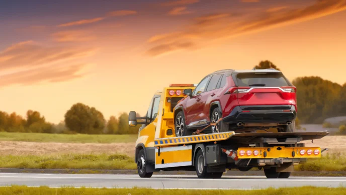 O guincho realiza o transporte seguro do veículo ao entardecer, simbolizando o equilíbrio entre técnica, atenção e responsabilidade contínua do operador.