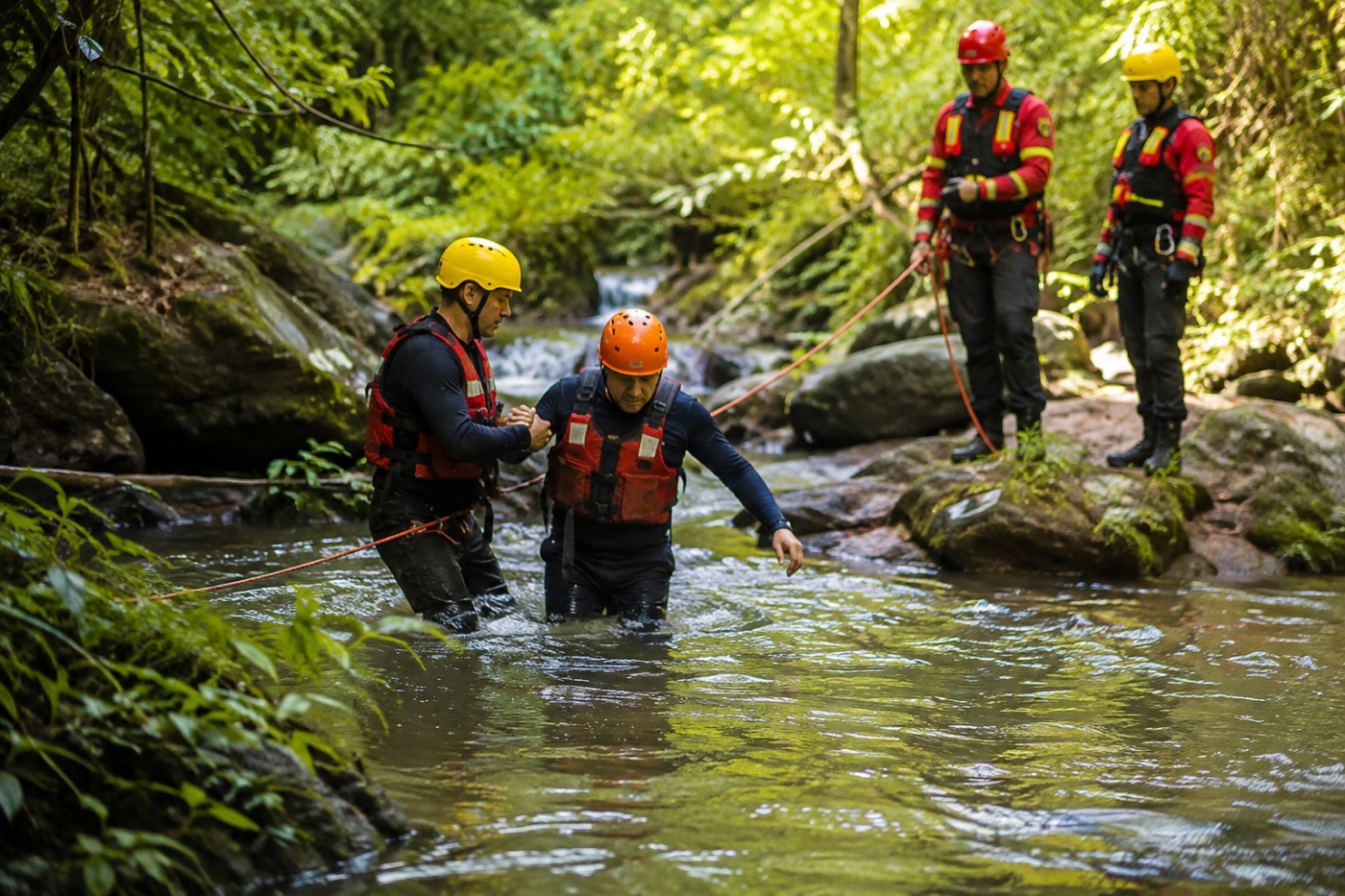 Durante o Curso de Salvamento Terrestre, os participantes desenvolvem técnicas de travessia, resgate e remoção de vítimas em ambientes com correnteza, aplicando procedimentos de gerenciamento de riscos, trabalho em equipe e utilização correta dos equipamentos para executar operações de salvamento com segurança, eficiência e rapidez.