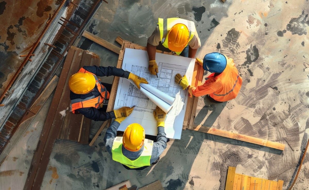 Team discusses execution details and drawing verification, ensuring that the construction planning meets NR 18 safety requirements from the outset.