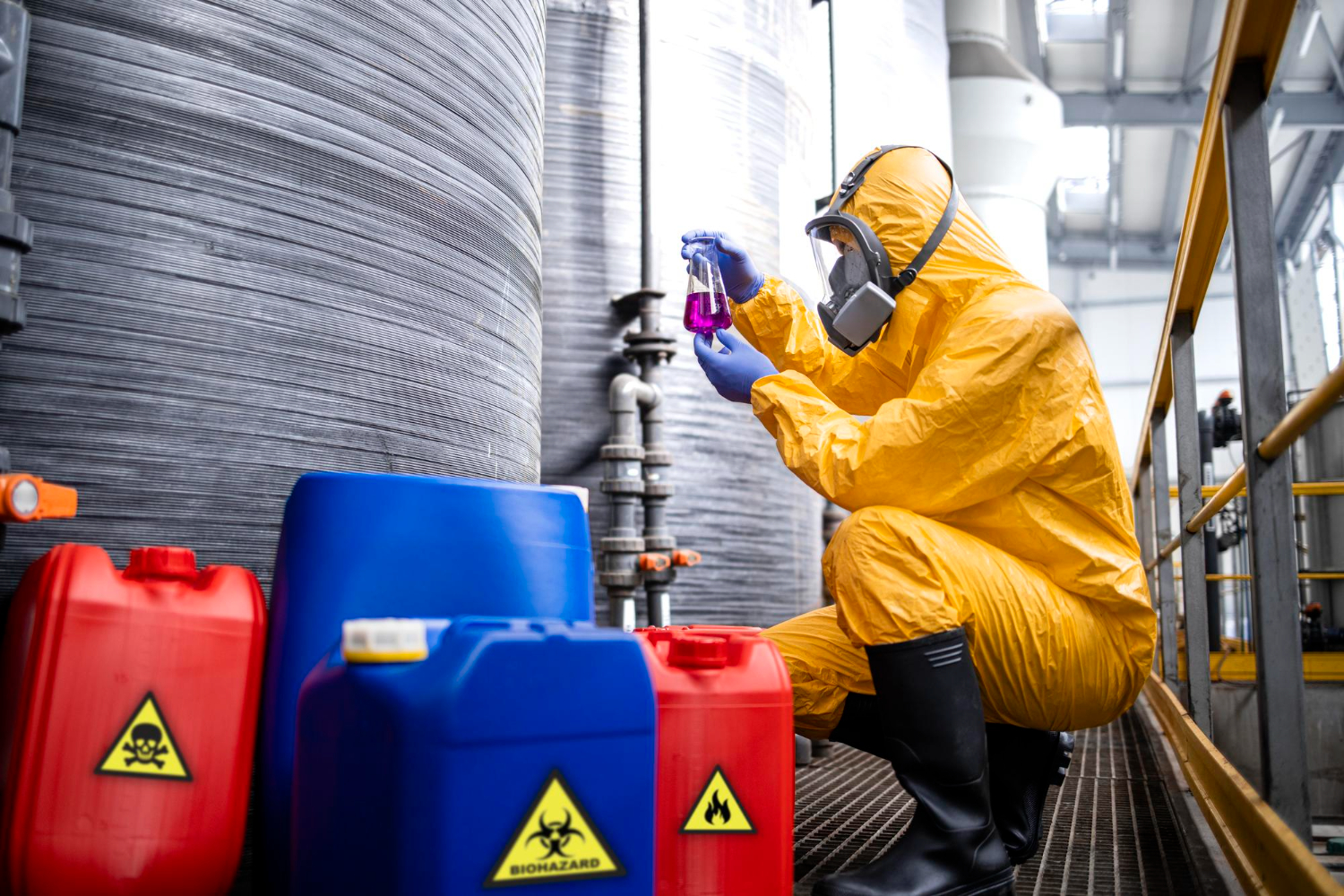 Manuseio de resíduos combustíveis em área de contenção. Risco químico exige controle técnico e EPI pesado. - Curso NFPA 30.