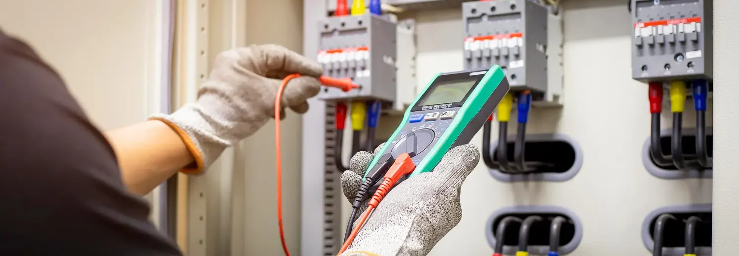 Teste de continuidade e diagnóstico em circuitos trifásicos com cabos codificados por cores. A conformidade com a NR 10 exige padronização, aterramento e capacitação técnica para manobras e medições.