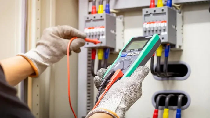 Teste de continuidade e diagnóstico em circuitos trifásicos com cabos codificados por cores. A conformidade com a NR 10 exige padronização, aterramento e capacitação técnica para manobras e medições.