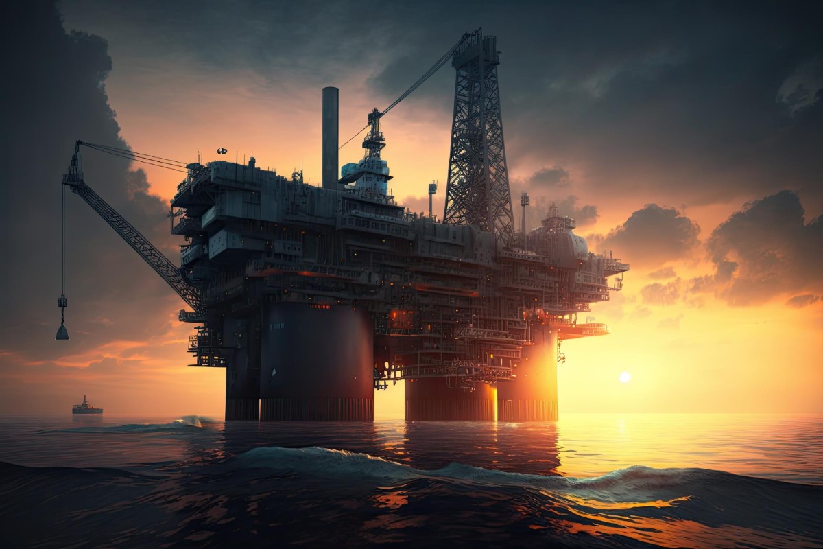 Offshore platform in a low-light scenario, reinforcing the need to recognize flammable substances, emergency procedures, and safe routes.