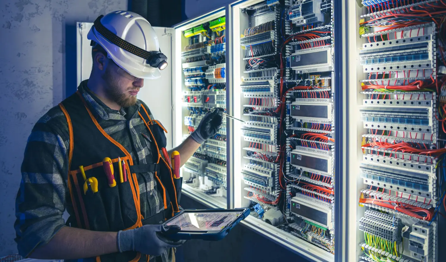 Qualified technician performs inspection on a medium-voltage panel according to NR 10 – SEP, applying standardized procedures and digital technical analysis.