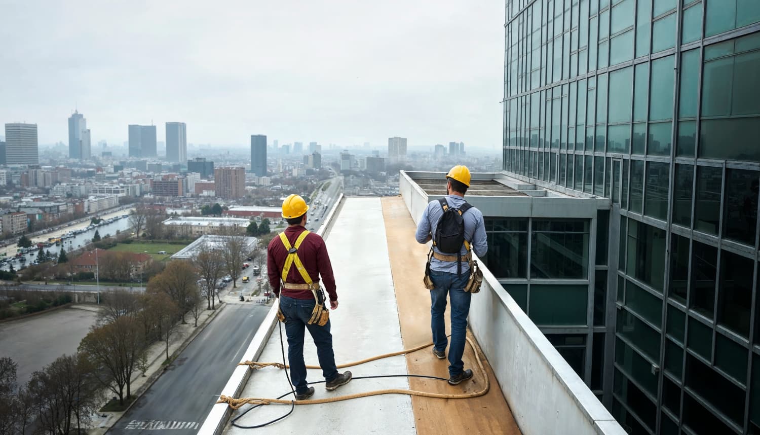 Working at height with lifeline and safety harness on a rooftop.