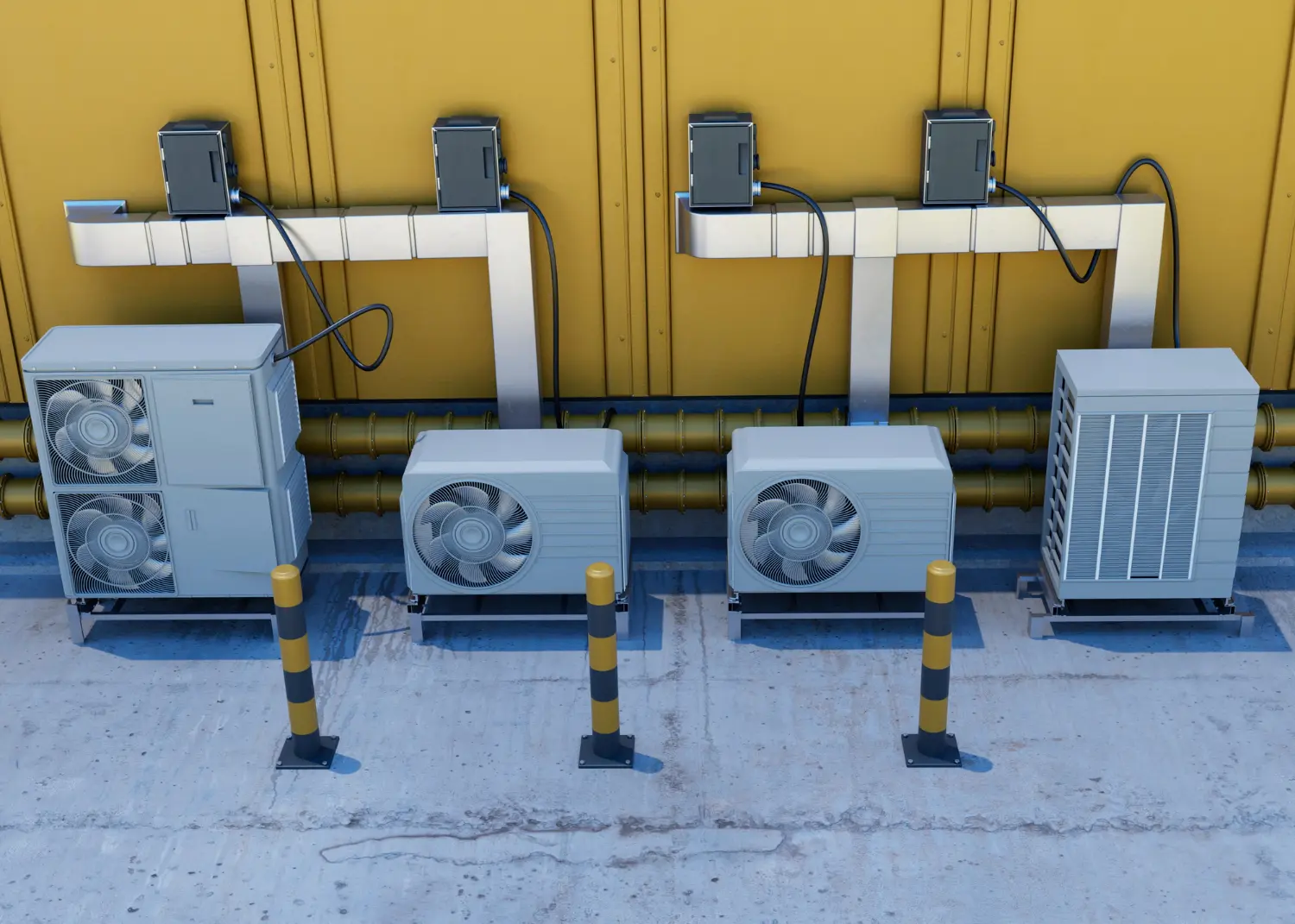 Sistema modular com múltiplas unidades condensadoras em linha, utilizadas para aquecimento de grandes volumes de água ou integração a sistemas híbridos. Instalação exige balanceamento hidráulico e controle de carga térmica.