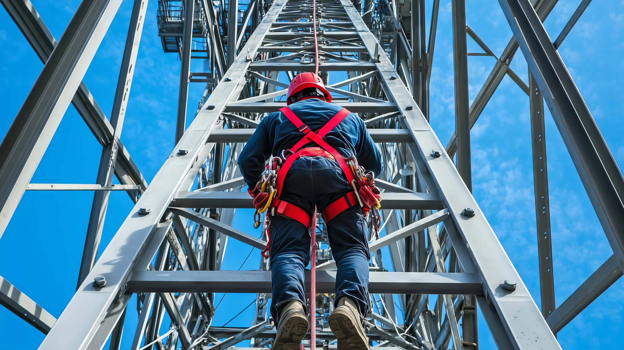 DESTAQUE Subida técnica em escada tipo marinheiro com sistema de proteção contra quedas ativo, demonstrando aplicação correta de linha de ancoragem, talabarte e procedimentos de segurança conforme requisitos da ABNT NBR 16325 e NR 35.