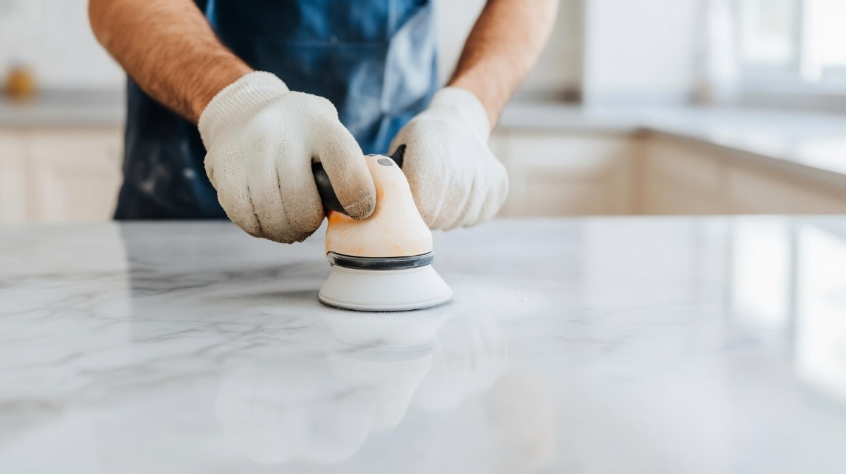 Acabamento fino em mármore com controle superficial e precisão abrasiva.