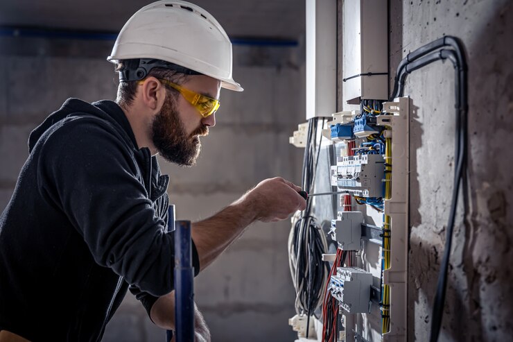 Eletricista em frente a um painel de energia - Laudo de Medição de Continuidade Elétrica