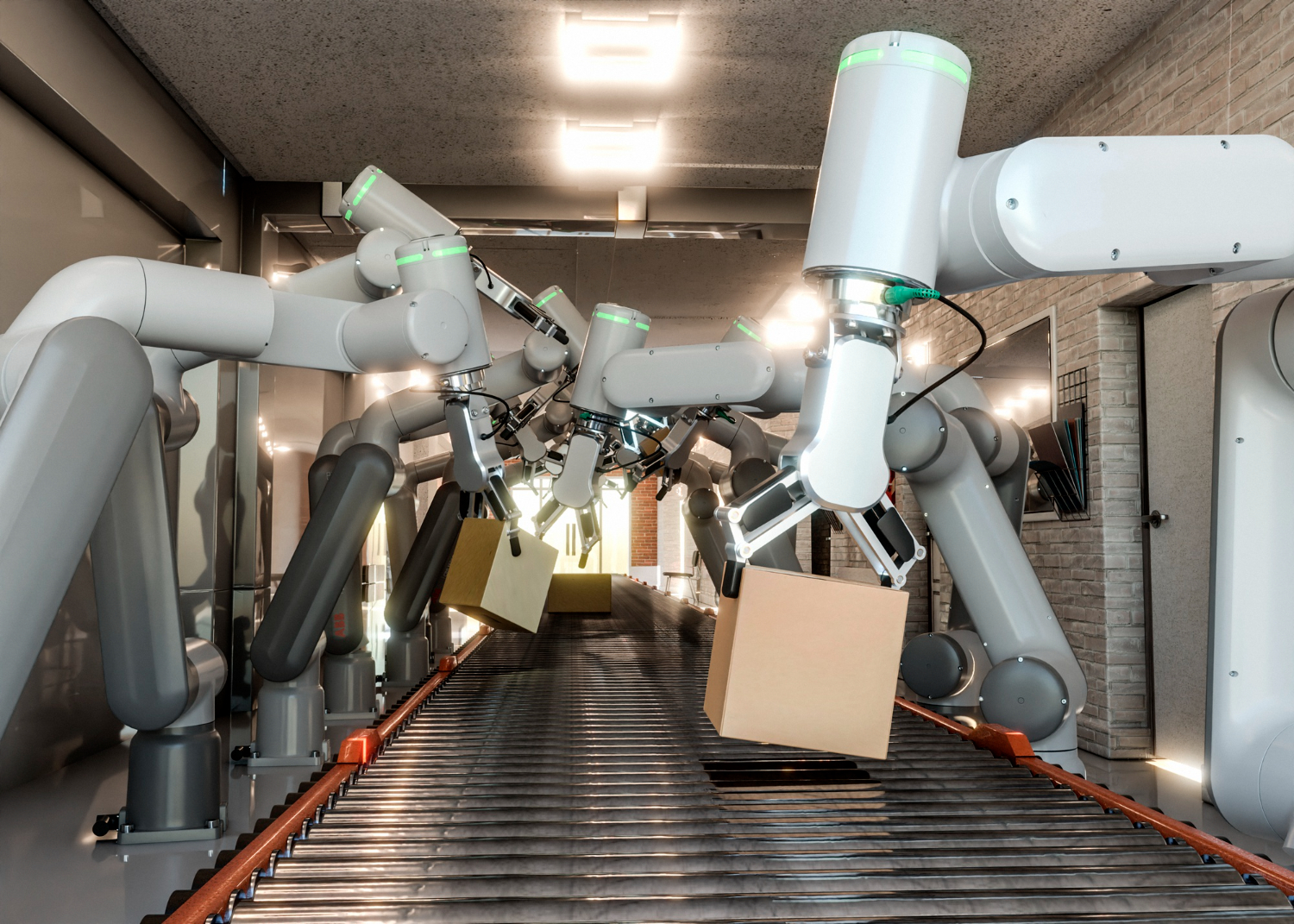 Robôs colaborativos atuando em célula automatizada de separação e movimentação de cargas - Curso Laudo Célula Robotizada