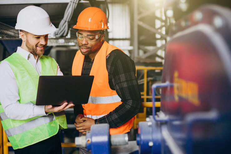 Engenheiro e operário durante inspeção em máquina - Laudo de Vibração de Máquinas e Equipamentos