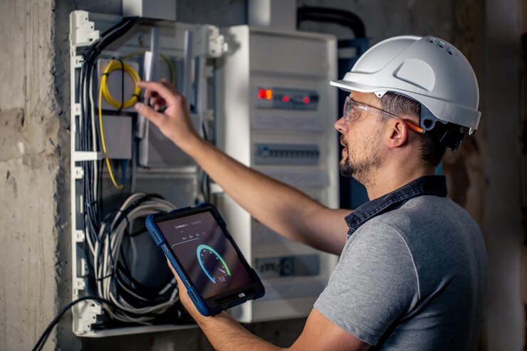 Especialista com equipamentos, em frente a um painel de energia - Laudo de Luminância Especialista com equipamentos, em frente a um painel de energia - Laudo de Luminância