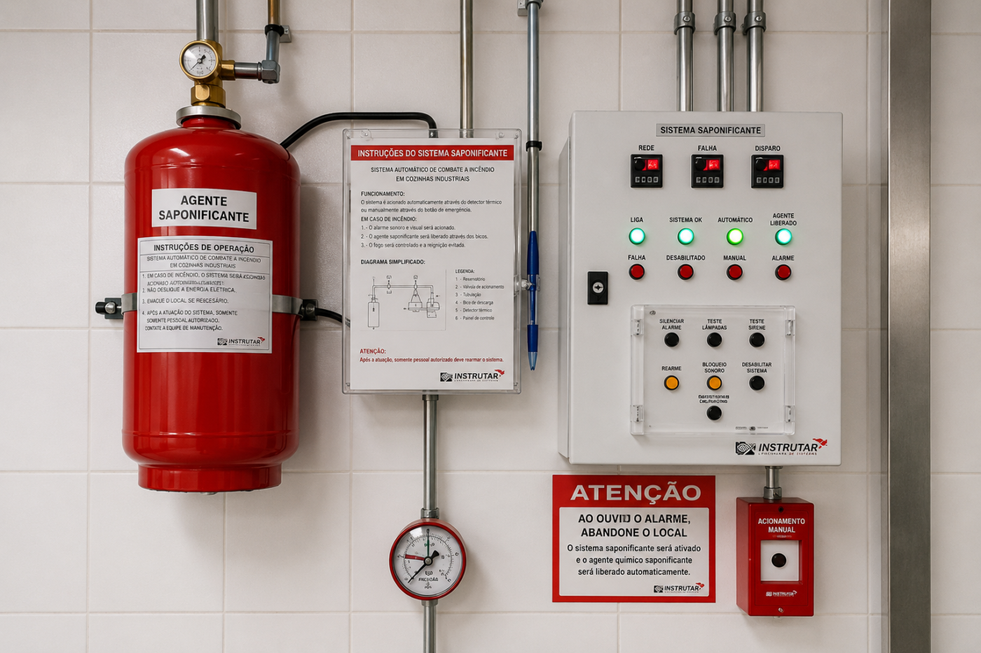 Sistema automático de supressão de incêndio por agente saponificante instalado em cozinha industrial, composto por reservatório pressurizado, painel de controle, acionamento manual de emergência e dispositivos de monitoramento, proporcionando proteção contínua contra incêndios envolvendo óleos e gorduras combustíveis.