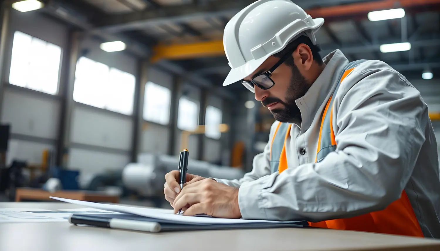 Engenheiro registrando dados técnicos conforme NR 13.