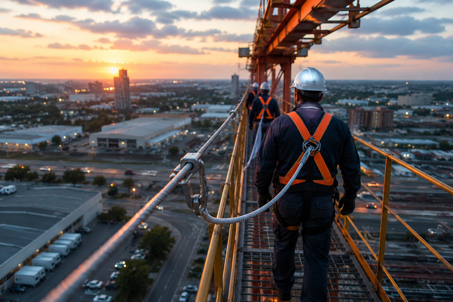 Trabalho em altura com segurança controlada: a linha de ancoragem acompanha o deslocamento dos trabalhadores, reduzindo os riscos durante a execução das atividades em estruturas elevadas.