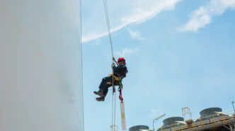 Profissional executa atividade em altura utilizando técnicas de acesso por linha de vida, mantendo posicionamento seguro para inspeção e manutenção em superfície vertical de tanque industrial.