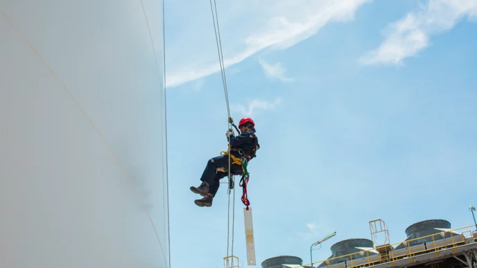 Profissional executa atividade em altura utilizando técnicas de acesso por linha de vida, mantendo posicionamento seguro para inspeção e manutenção em superfície vertical de tanque industrial.