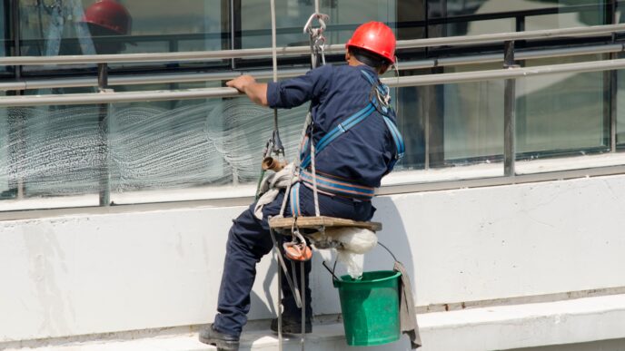 Execução de tarefa em fachada com cadeira suspensa: a segurança do operador depende da correta ancoragem, inspeção de equipamentos e aplicação das normas NR 18 e NR 35.
