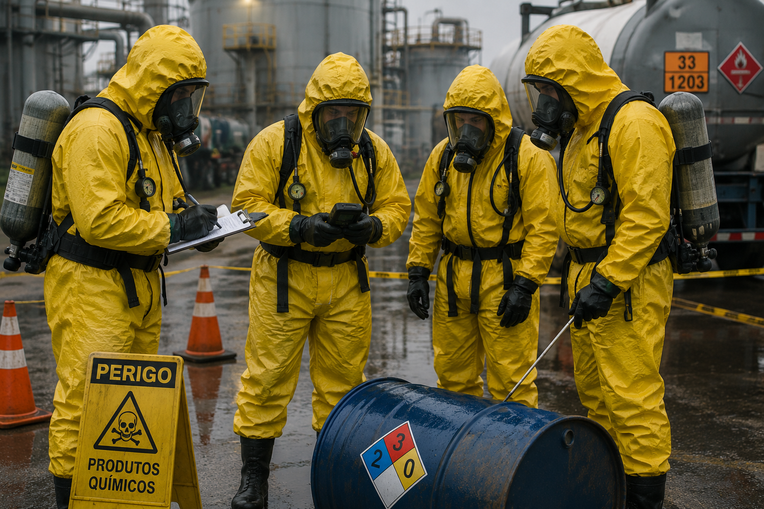 Equipe Hazmat realiza avaliação técnica e controle inicial de uma ocorrência com produtos químicos perigosos, seguindo protocolos de segurança para proteger vidas, instalações e o meio ambiente.