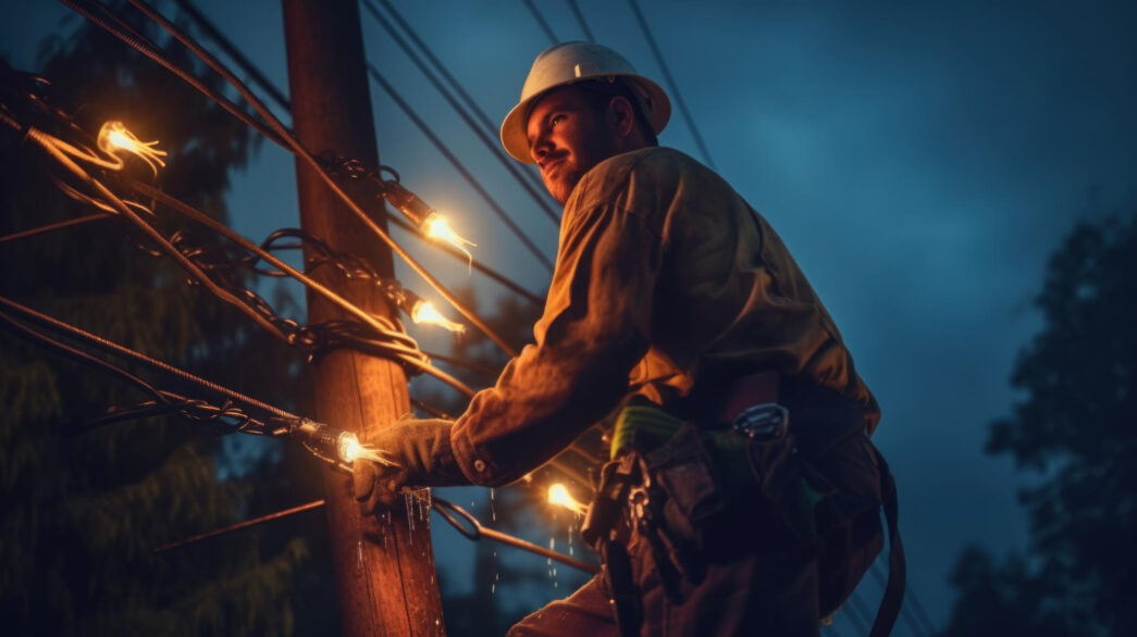 Especialista em sistemas de potência operando à noite para restaurar a distribuição de energia em redes elétricas danificadas, assegurando confiabilidade no fornecimento.