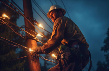 Especialista em sistemas de potência operando à noite para restaurar a distribuição de energia em redes elétricas danificadas, assegurando confiabilidade no fornecimento. Especialista em sistemas de potência operando à noite para restaurar a distribuição de energia em redes elétricas danificadas, assegurando confiabilidade no fornecimento.