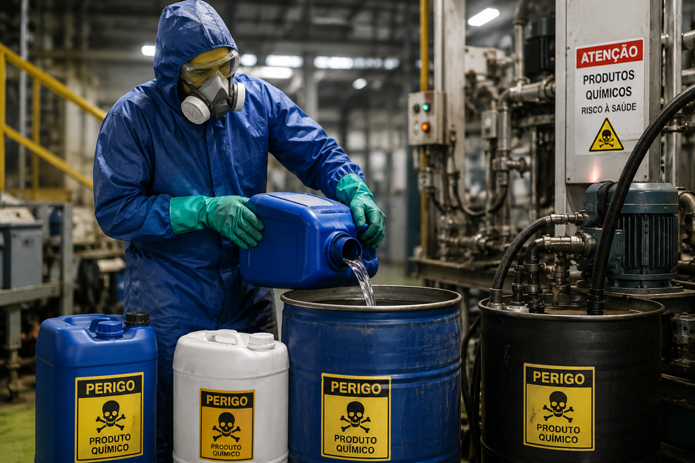 Operação envolvendo substâncias químicas em processo industrial, destacando a necessidade de procedimentos seguros, equipamentos de proteção e monitoramento contínuo da exposição ocupacional aos agentes químicos.