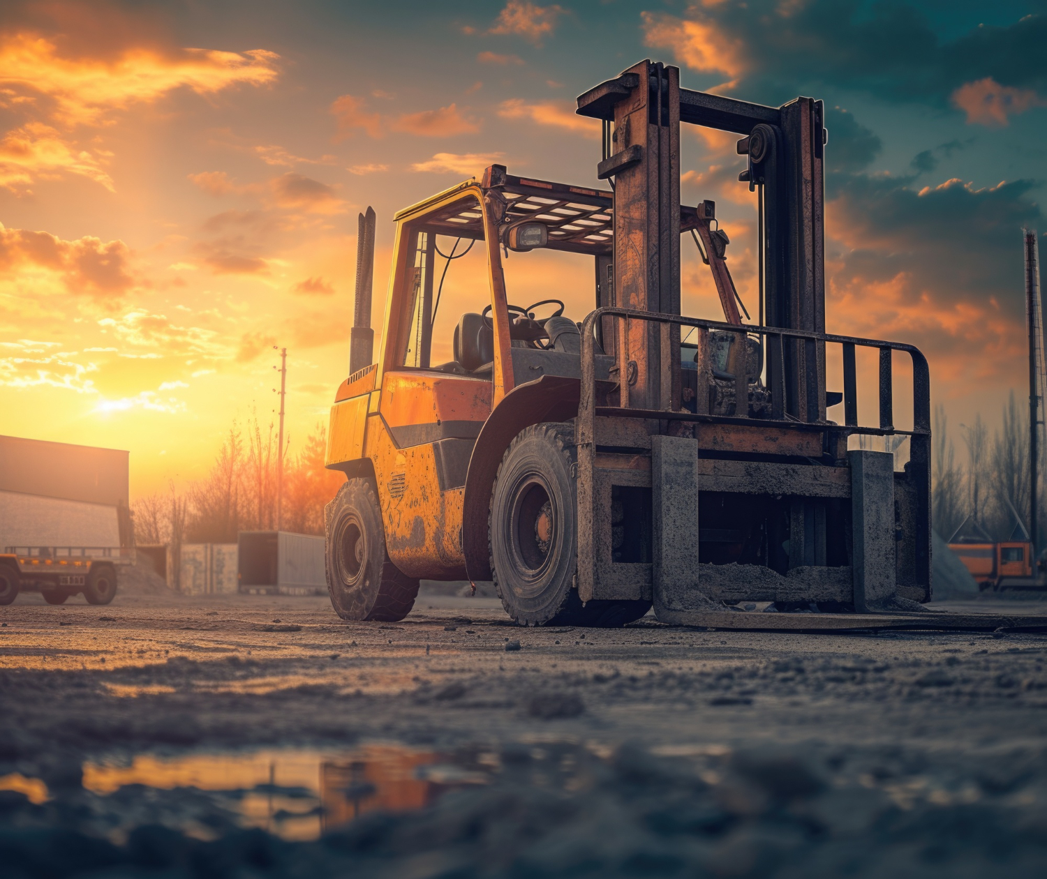 Equipamento de movimentação de carga em ambiente externo exige manutenção preventiva constante, uso de EPIs e avaliação das condições do piso e da iluminação, conforme a NR 11. Curso NR 11.