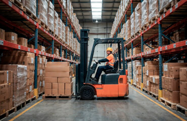 Operação segura de empilhadeira em armazém com corredores demarcados e carga paletizada, conforme exigido pela NR 11. A movimentação respeita os limites de carga e as normas de Operação segura de empilhadeira em armazém com corredores demarcados e carga paletizada, conforme exigido pela NR 11. A movimentação respeita os limites de carga e as normas de armazenagem vertical. - Curso NR 11.