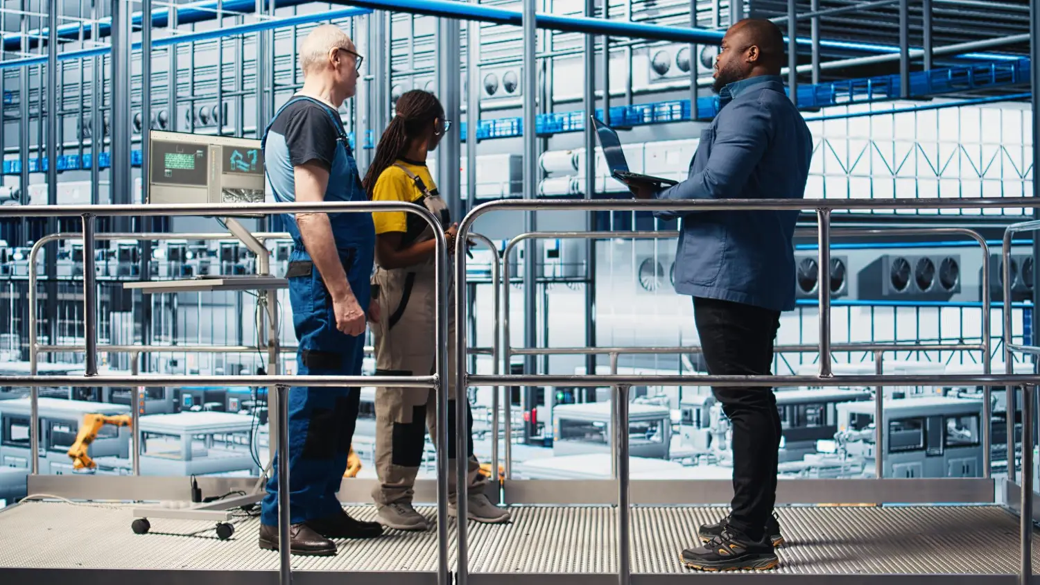 Inspeção técnica em andamento: engenheiro responsável e equipe de manutenção discutindo parâmetros de segurança dos vasos de pressão, com registros digitais em tempo real.
