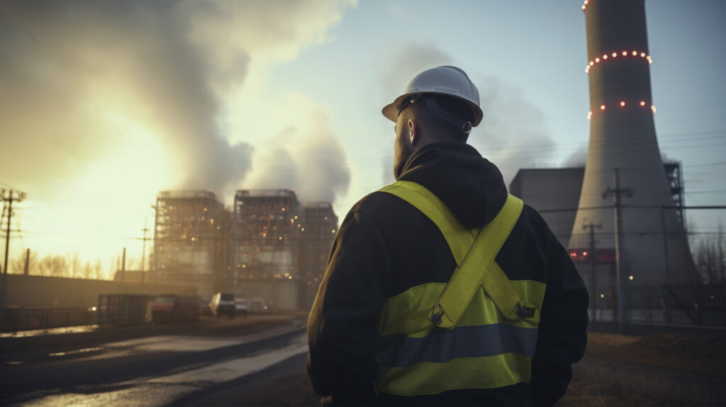 Um profissional com capacete e colete refletivo observa um complexo industrial com torres e chaminés em operação -