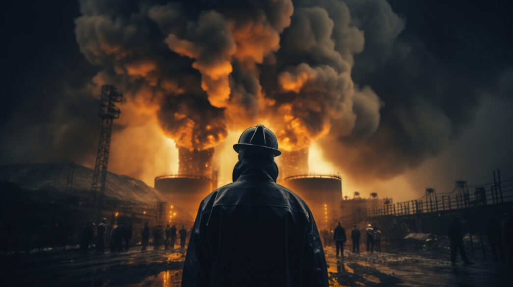 Um trabalhador observa, à distância, uma grande explosão em uma área industrial - CURSO ATMOSFERA EXPLOSIVA EX007